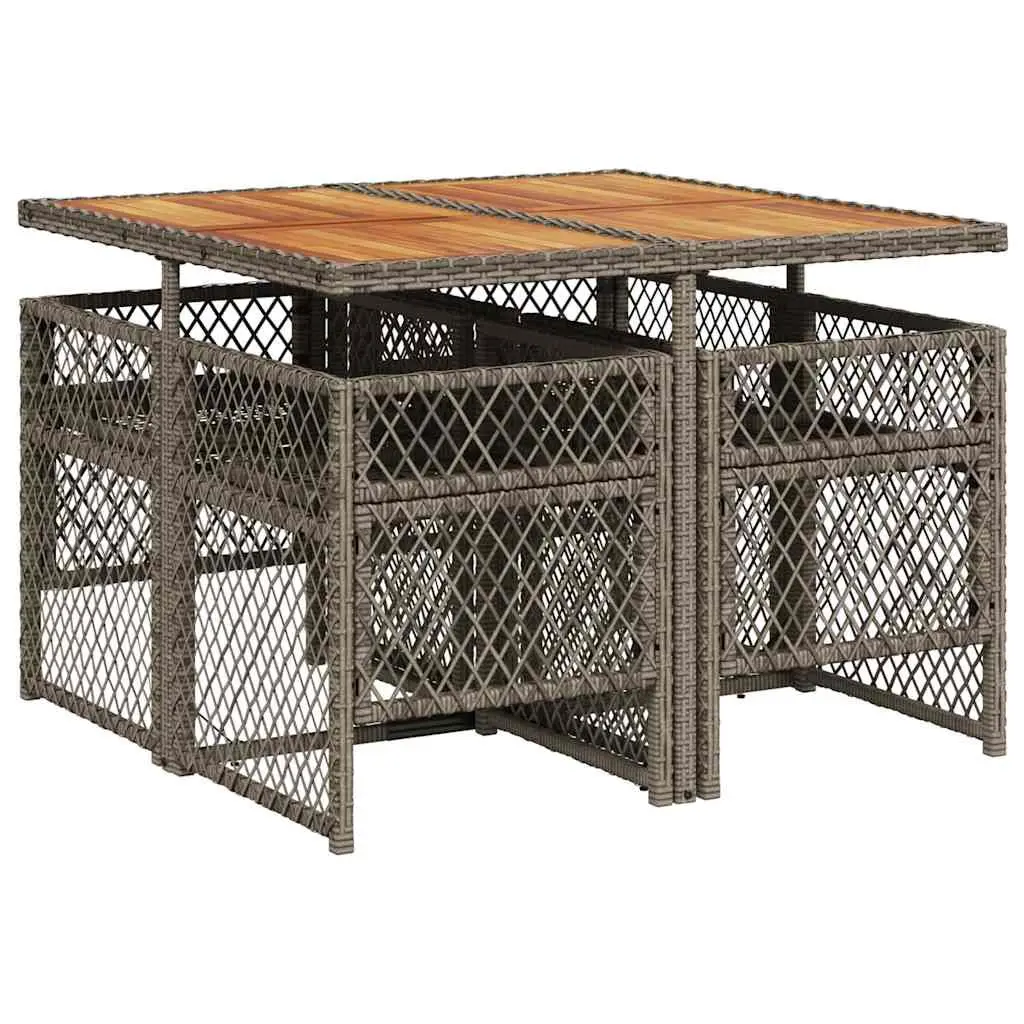 Garden Dining Set Grey 5 Piece Outdoor Furniture Poly Rattan Table Acacia Wood Top Padded Cushions Foldable Chairs
