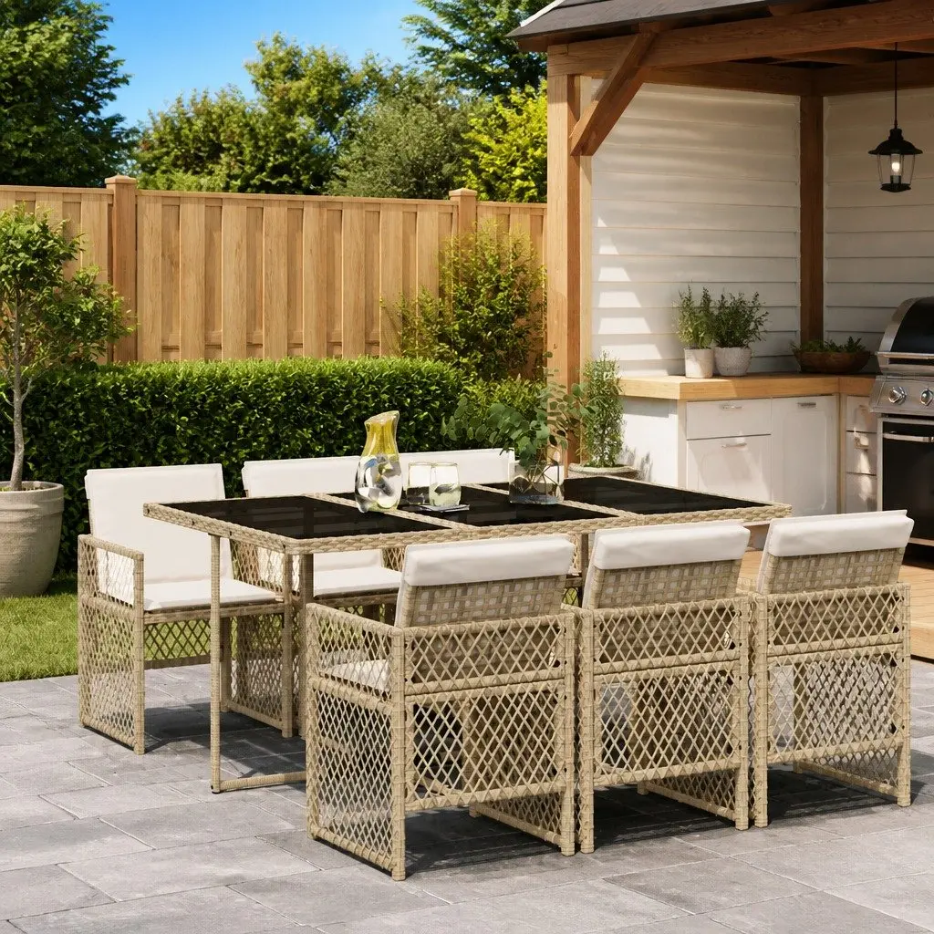 7 Piece Garden Dining Set Beige Poly Rattan Cushions Tempered Glass Table