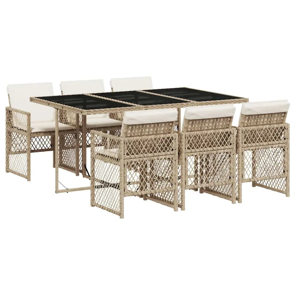 7 Piece Garden Dining Set Beige Poly Rattan Cushions Tempered Glass Table