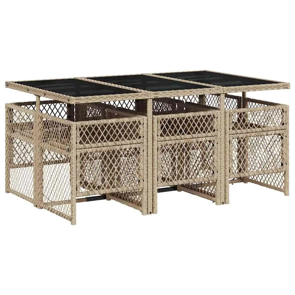7 Piece Garden Dining Set Beige Poly Rattan Cushions Tempered Glass Table