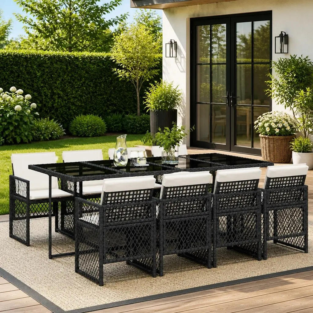 Outdoor Dining Set Black 9 Piece Garden Furniture PE Rattan Cushions Patio