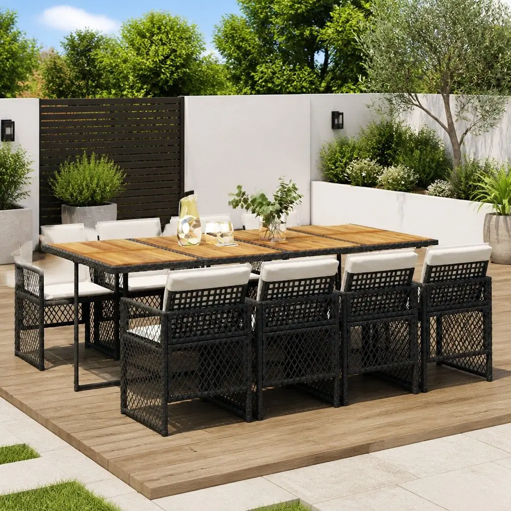 Outdoor Dining Set 9 Piece Garden Furniture Black PE Rattan Table Chairs