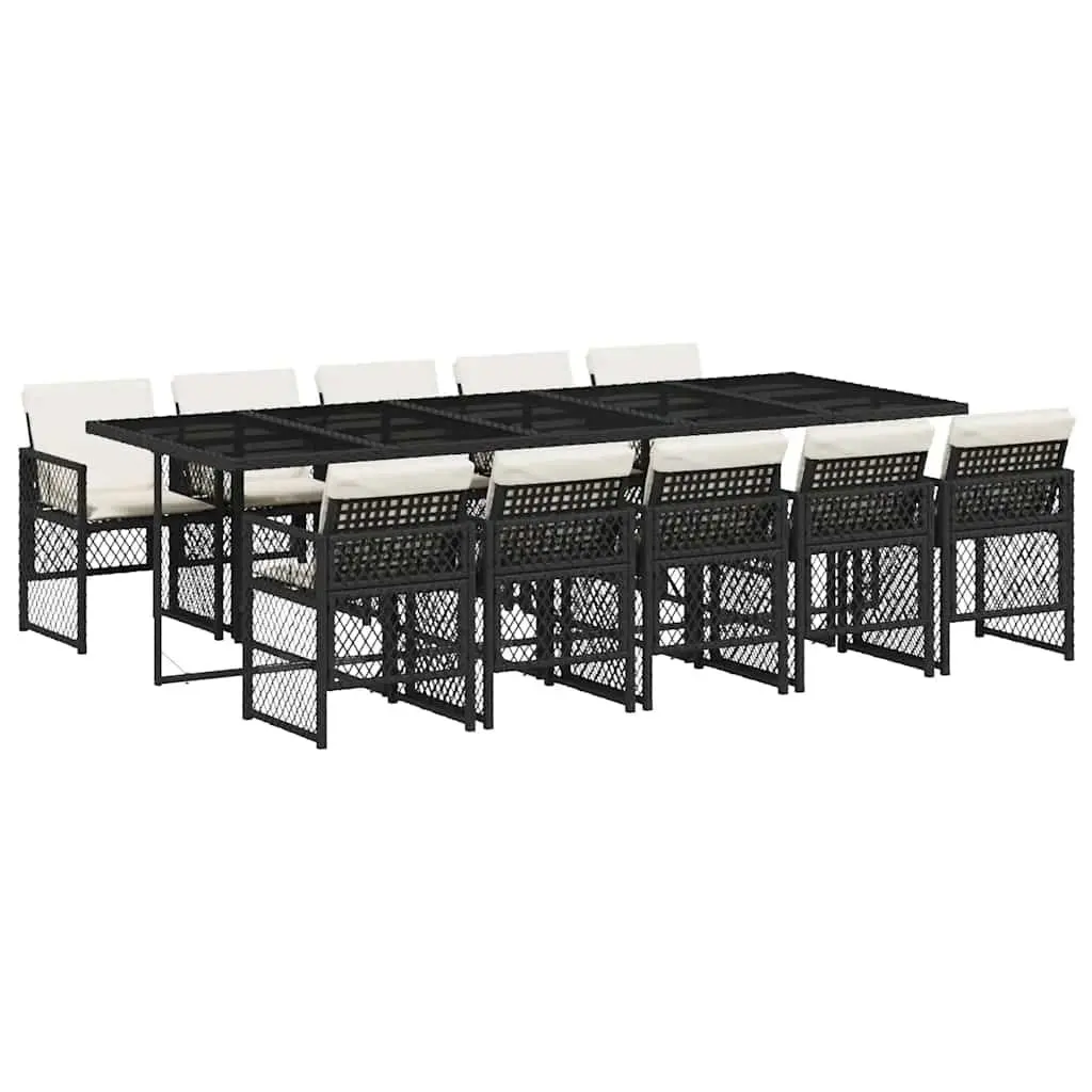 11 Piece Patio Furniture Set with Cushions in Black Poly Rattan and Tempered Glass Tabletop for Outdoor Dining and Relaxing