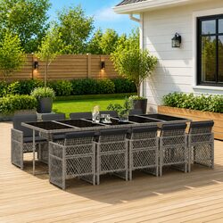 Garden Dining Set 11 Piece Outdoor Furniture Grey Poly Rattan Tempered Glass