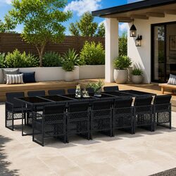 Concise 13-Piece Garden Dining Set in Black Rattan