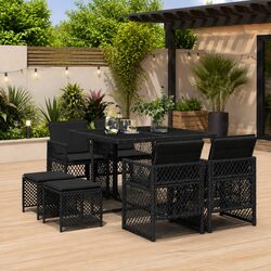 Outdoor Dining Set 9 Piece Garden Furniture Black Poly Rattan Cushioned Patio