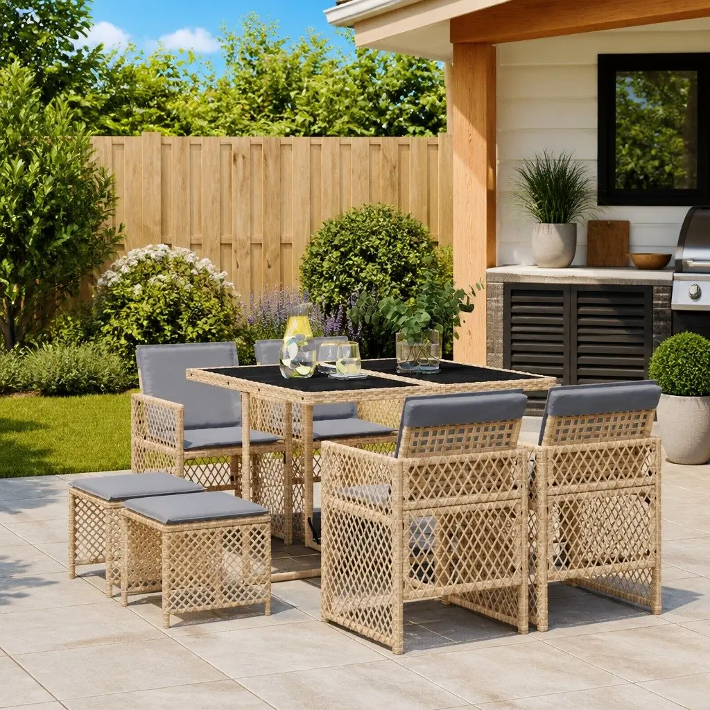 Garden Dining Set 9 Piece Outdoor Furniture Beige Poly Rattan Chairs Table Patio
