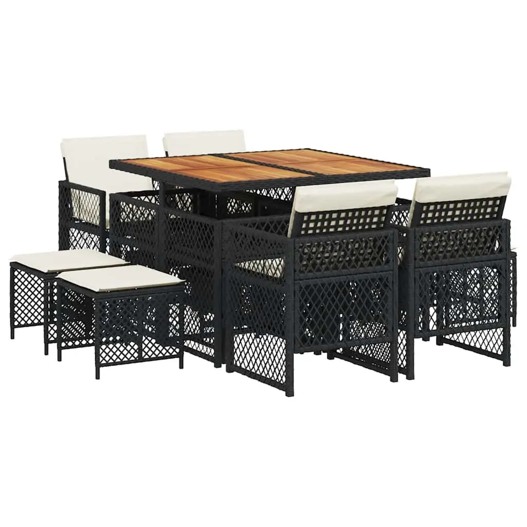 Garden Dining Set Black 9 Piece Outdoor Furniture PE Rattan Chairs Acacia Wood Table