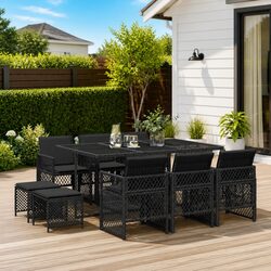 Concise 11 Piece Black Rattan Dining Set Overview