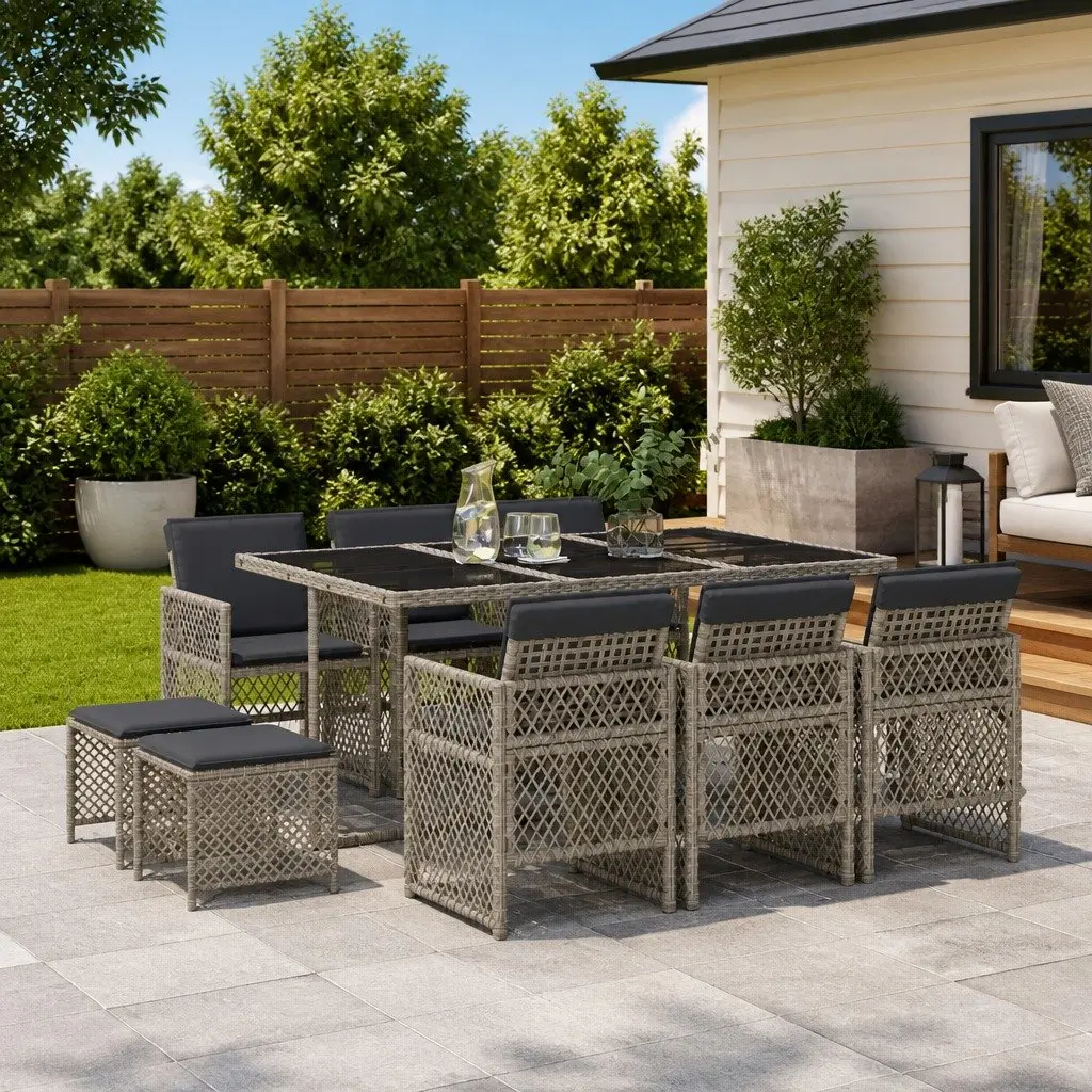 Garden Dining Set Grey 11 Piece Outdoor Furniture Poly Rattan with Cushions