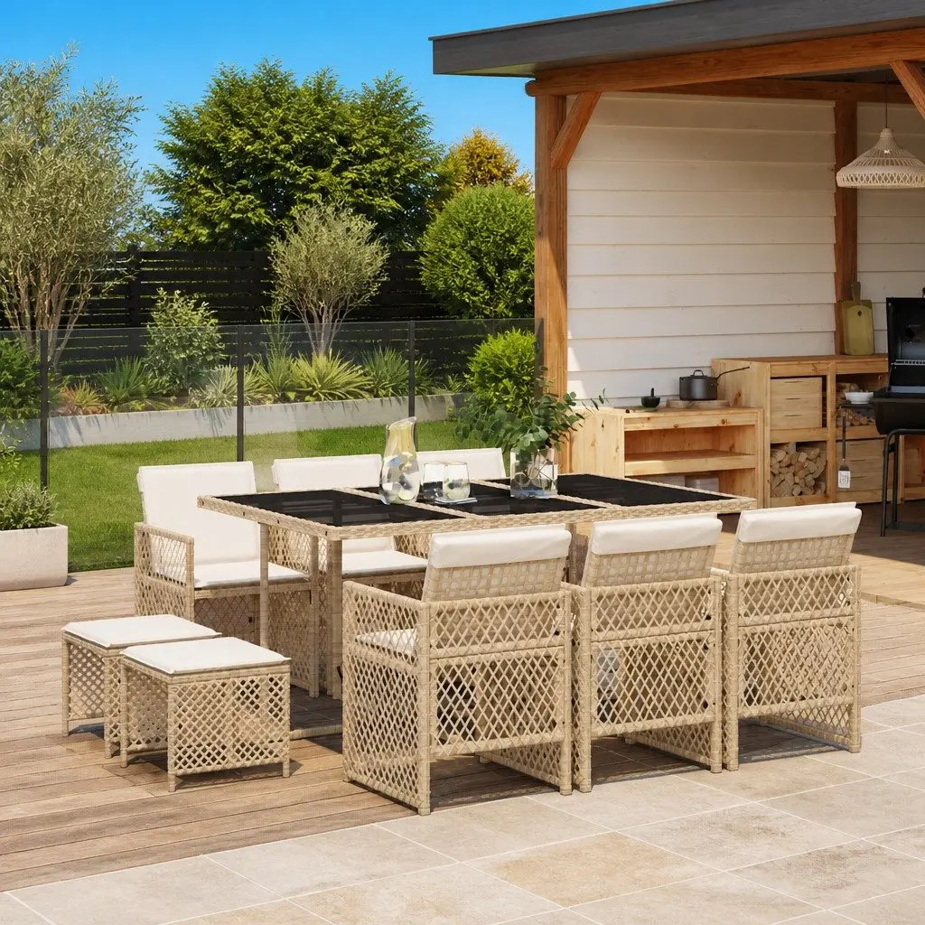 Garden Dining Set Beige 11 Piece Outdoor Furniture Patio PE Rattan Tempered Glass Table Thick Cushions