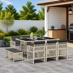 Garden Dining Set 11 Piece Outdoor Furniture Grey Poly Rattan Glass Table Chairs