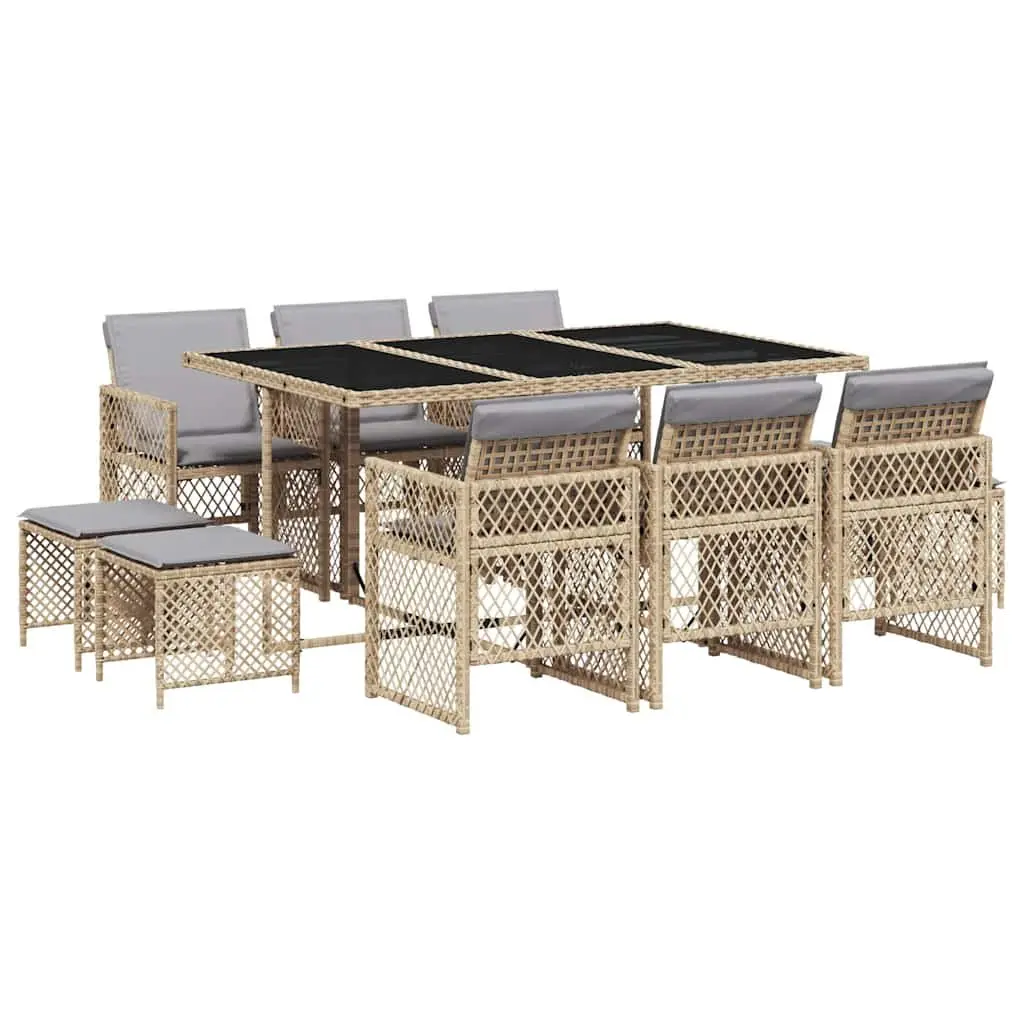 Garden Dining Set Beige 11 Piece Outdoor Patio Furniture Poly Rattan with Tempered Glass Tabletop and Thickly Padded Seat Cushions