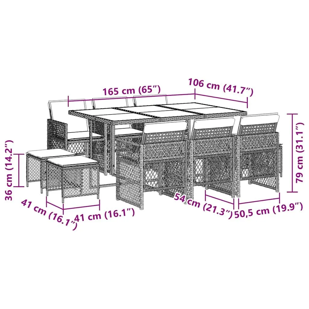 Garden Dining Set Beige 11 Piece Outdoor Patio Furniture Poly Rattan with Tempered Glass Tabletop and Thickly Padded Seat Cushions