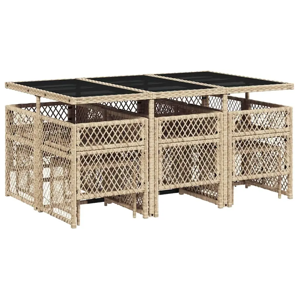 Garden Dining Set Beige 11 Piece Outdoor Patio Furniture Poly Rattan with Tempered Glass Tabletop and Thickly Padded Seat Cushions