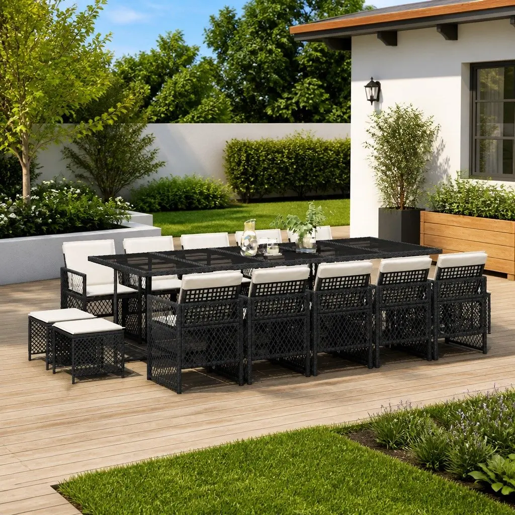 Garden Dining Set 15 Piece Outdoor Patio Furniture with Cushions Black Rattan