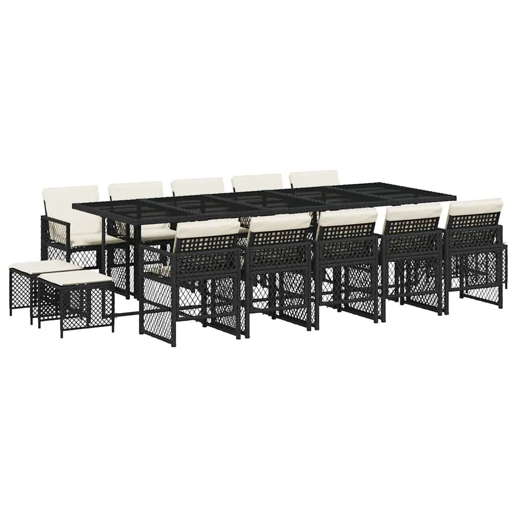 Garden Dining Set 15 Piece Outdoor Patio Furniture with Cushions Black Rattan