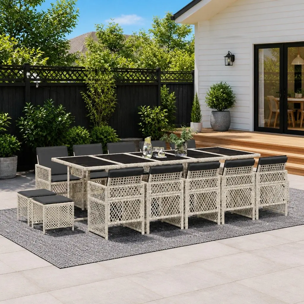 Garden Dining Set Grey 15 Piece Outdoor Furniture PE Rattan Chairs Table Tempered Glass Top