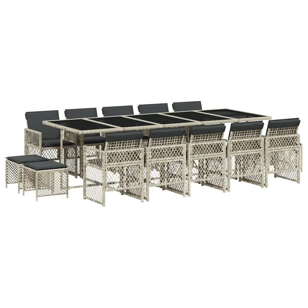 Garden Dining Set Grey 15 Piece Outdoor Furniture PE Rattan Chairs Table Tempered Glass Top