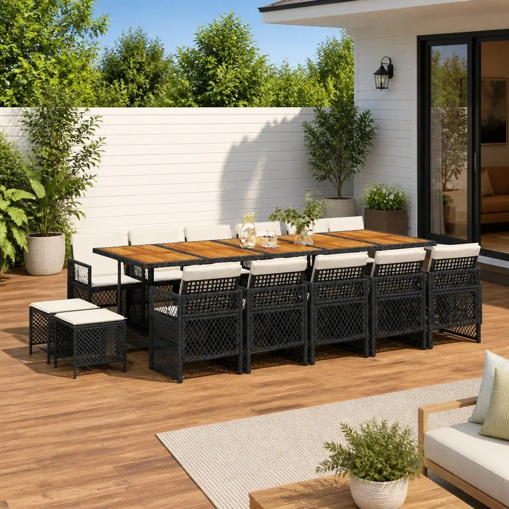 Outdoor Dining Set Black 15 Piece PE Rattan Table Chairs Cushions Patio
