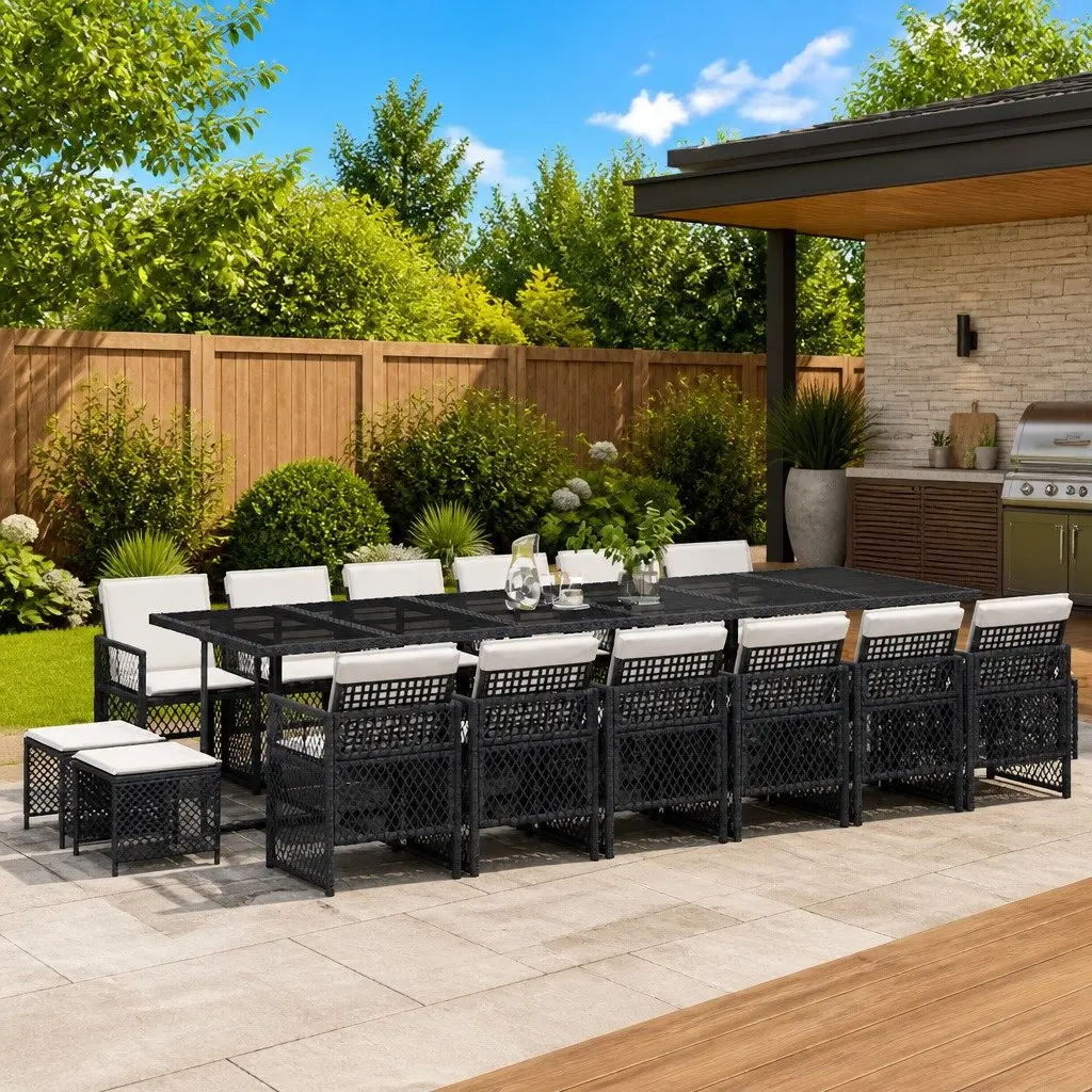 Garden Dining Set Black 17 Piece Poly Rattan Outdoor Furniture with Cushions