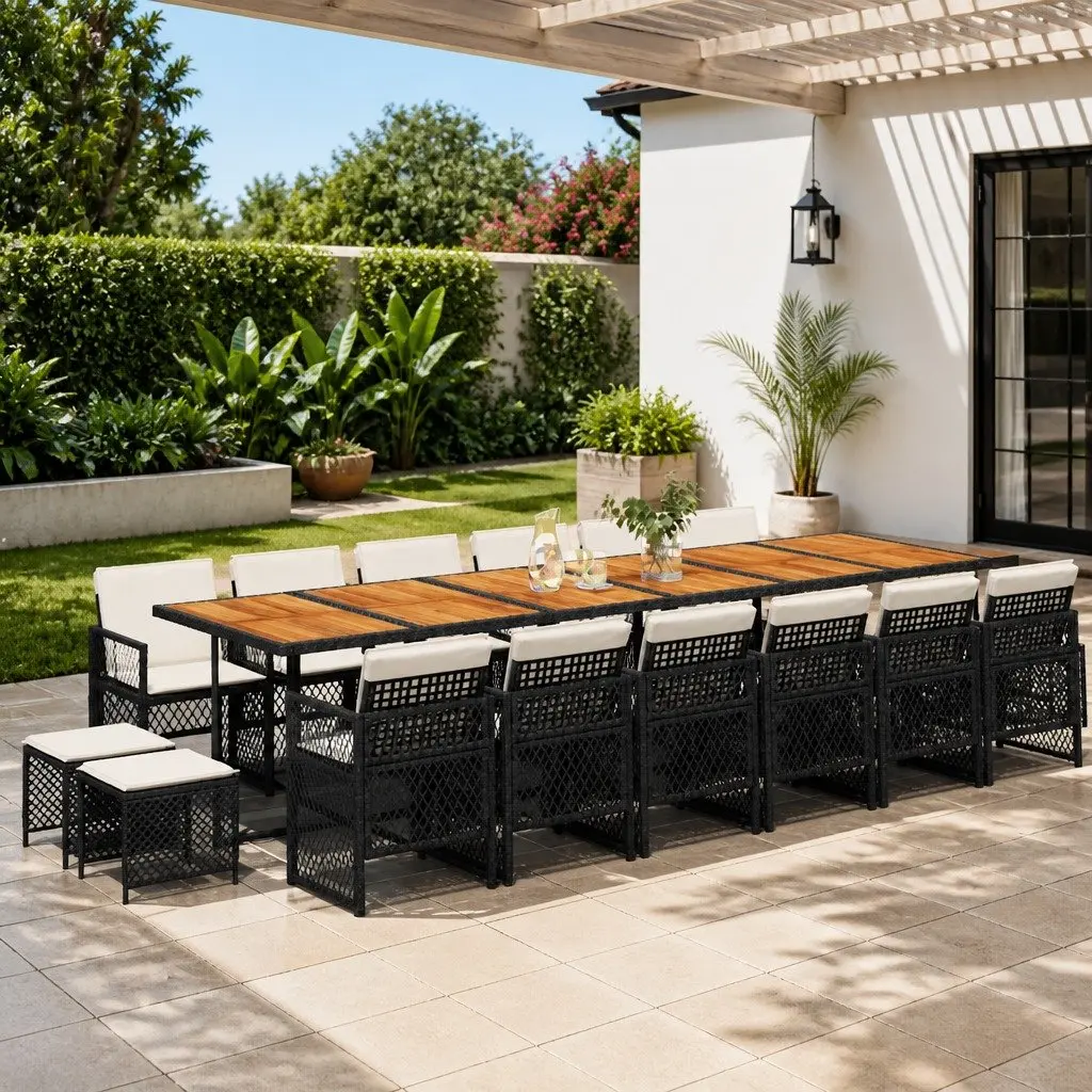 Garden Dining Set 17 Piece Outdoor Furniture Black Poly Rattan Chairs Table