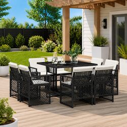 Outdoor Dining Set 9 Piece Black Garden Furniture Table Chairs Cushions Patio