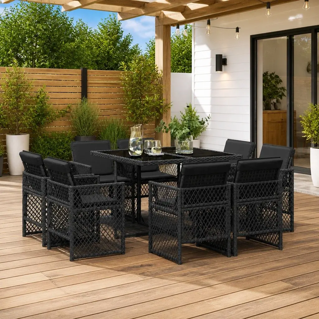 Outdoor Dining Set 9 Piece Garden Furniture Black Poly Rattan Chair Table Patio