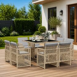 Concise 9 Piece Outdoor Dining Set: Beige & Cushions