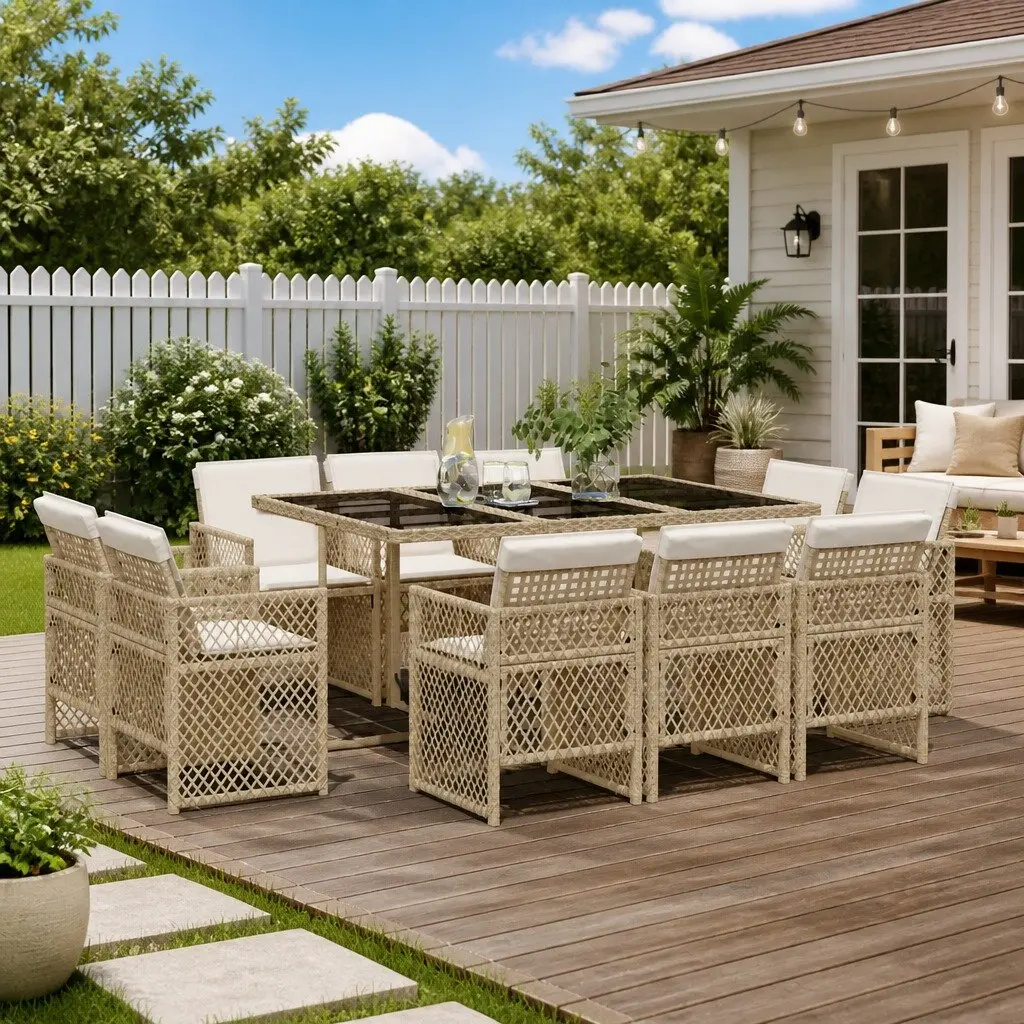 Garden Dining Set 11 Piece Outdoor Furniture Beige Poly Rattan with Cushions