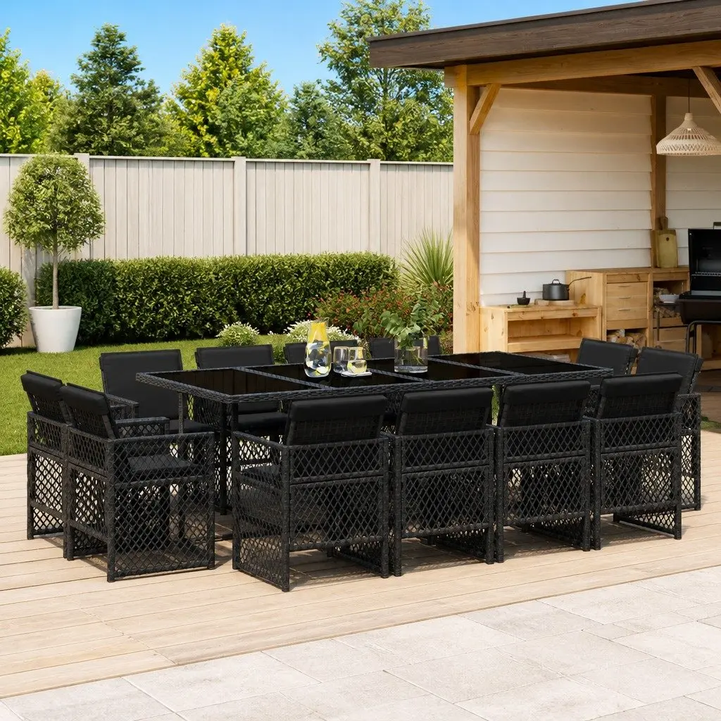 Garden Dining Set 13 Piece Outdoor Furniture Black Poly Rattan Chairs Table