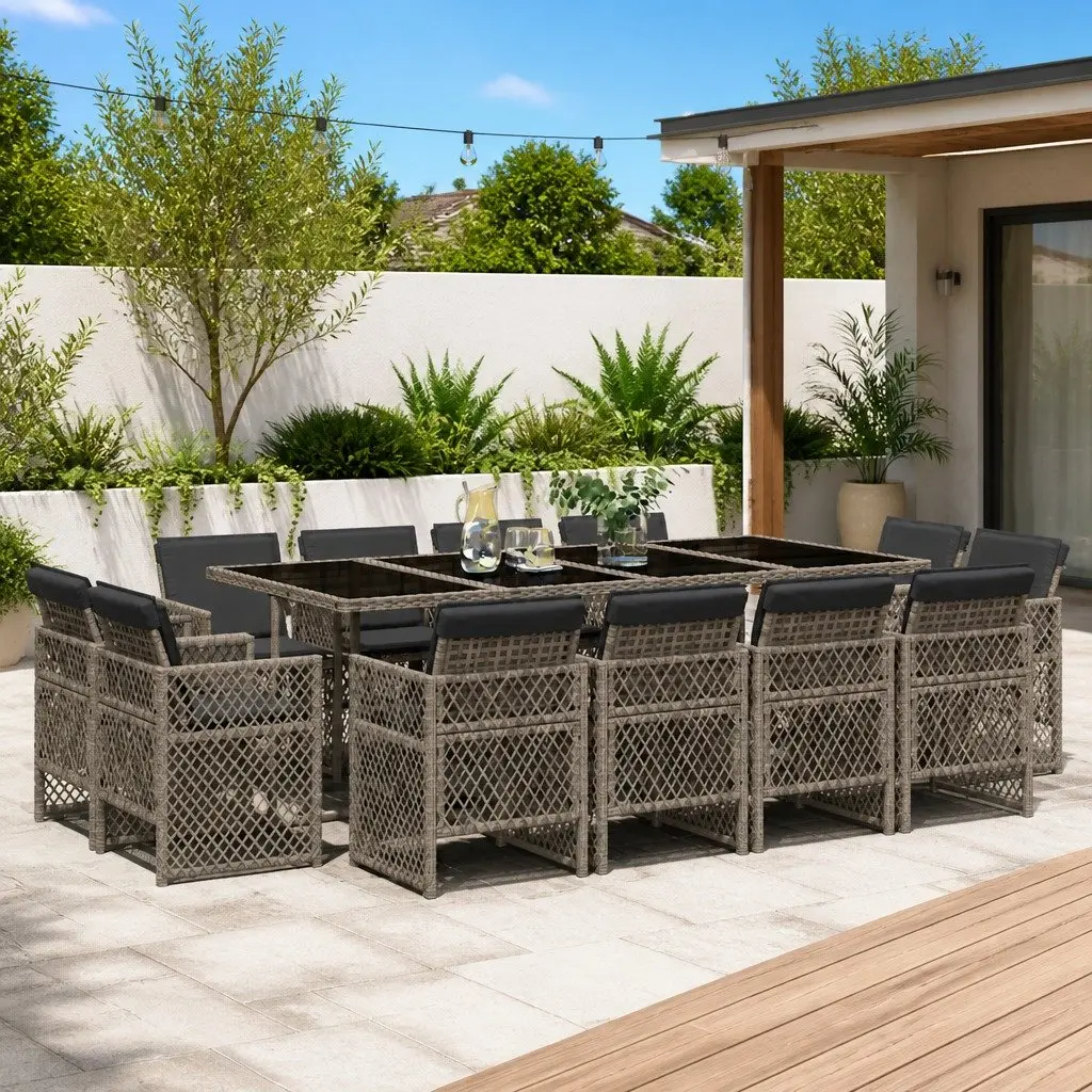 Garden Dining Set 13 Piece Grey Outdoor Furniture with Cushions Patio Table