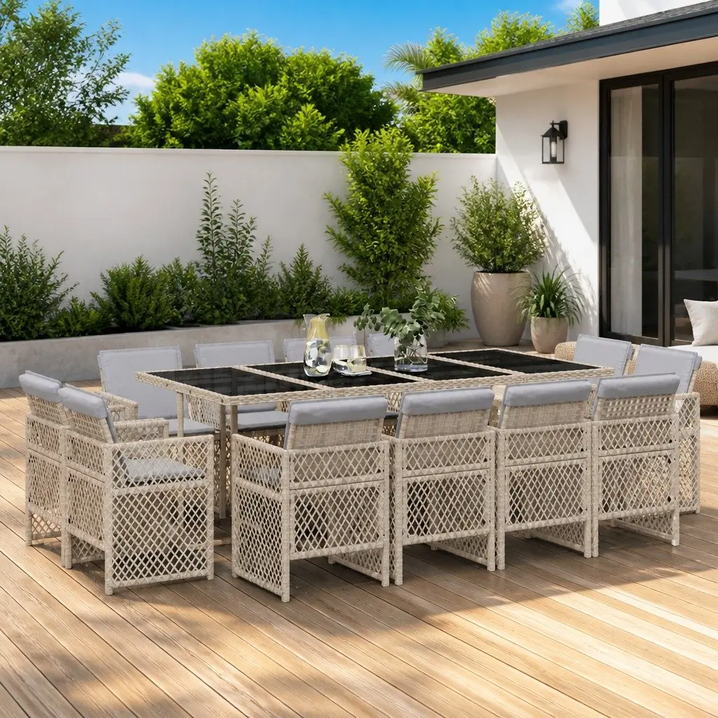 Outdoor Garden Dining Set 13 Piece Beige Poly Rattan Furniture with Cushions