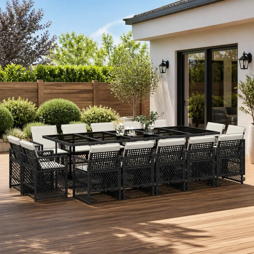 Garden Dining Set 15 Piece Black Outdoor Furniture Patio Table Chairs Cushions