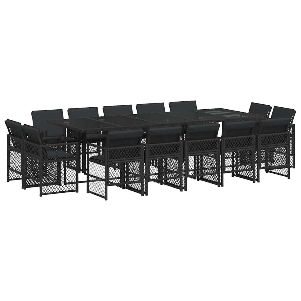 Outdoor Garden Dining Set 15 Piece Black Poly Rattan Chairs Table Cushions Patio