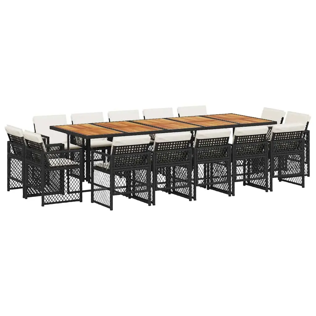 Garden Dining Set Black 15 Piece Outdoor Furniture PE Rattan Chairs Acacia Wood Table