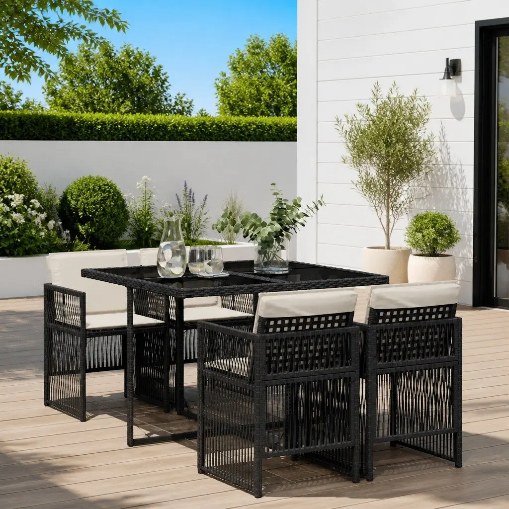 5 Piece Garden Dining Set Black Poly Rattan Outdoor Patio Table Chairs Cushions