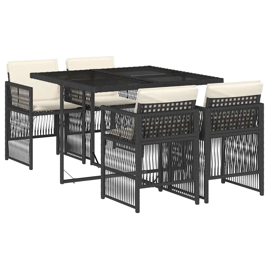 5 Piece Garden Dining Set Black Poly Rattan Outdoor Patio Table Chairs Cushions
