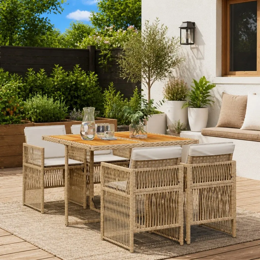5 Piece Garden Dining Set Beige Acacia Wood Table PE Rattan Chairs with Cushions