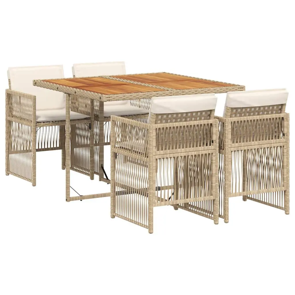 5 Piece Garden Dining Set Beige Acacia Wood Table PE Rattan Chairs with Cushions