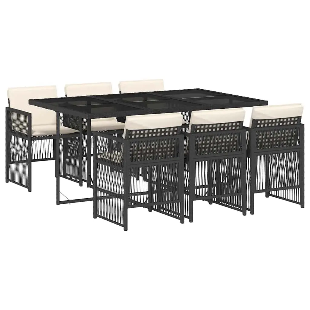 7 Piece Outdoor Dining Set Black PE Rattan Chairs Table Foldable Cushions
