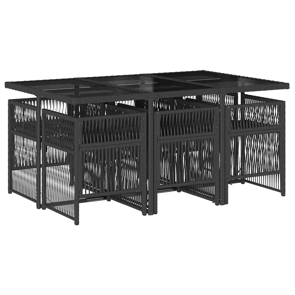 7 Piece Outdoor Dining Set Black PE Rattan Chairs Table Foldable Cushions