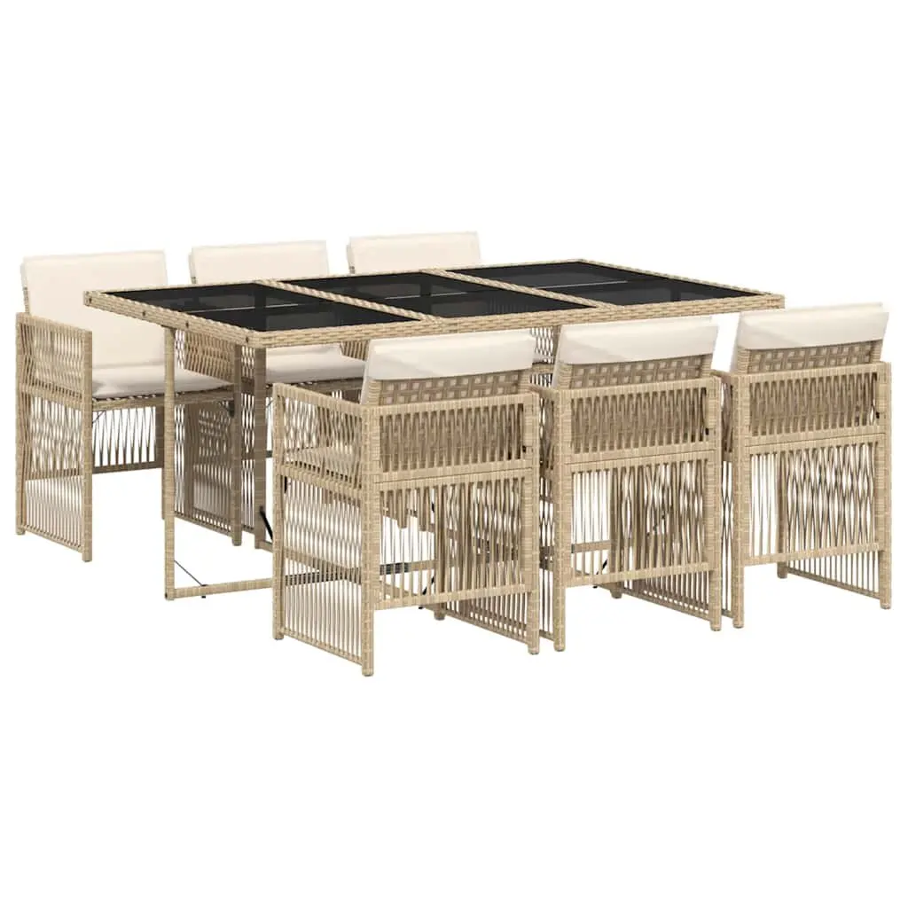 7 Piece Outdoor Garden Dining Set Beige PE Rattan Folding Chairs with Cushions Tempered Glass Tabletop