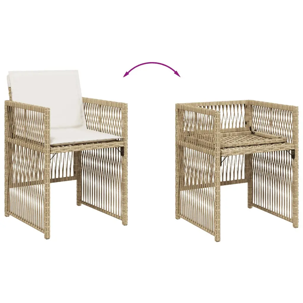 7 Piece Outdoor Garden Dining Set Beige PE Rattan Folding Chairs with Cushions Tempered Glass Tabletop
