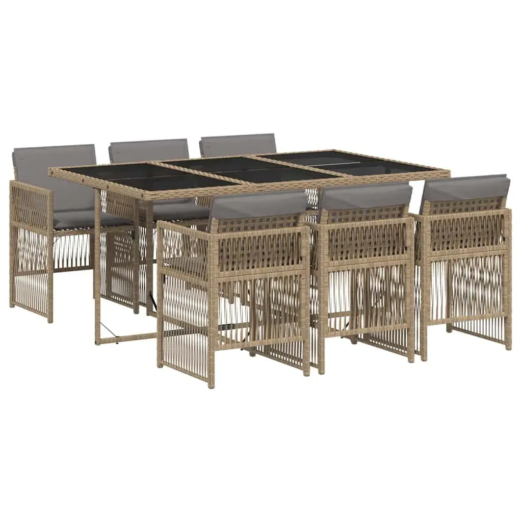 7 Piece Garden Dining Set Beige with Cushioned Chairs and Tempered Glass Table for Outdoor Patio Use