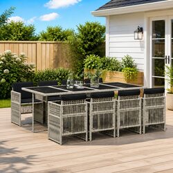 9 Piece Garden Dining Set Outdoor Furniture Grey Poly Rattan Chairs Table