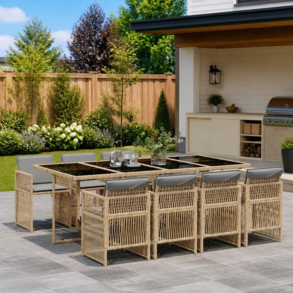Garden Dining Set Beige 9 Piece Outdoor Furniture Patio Table Chairs with Cushions