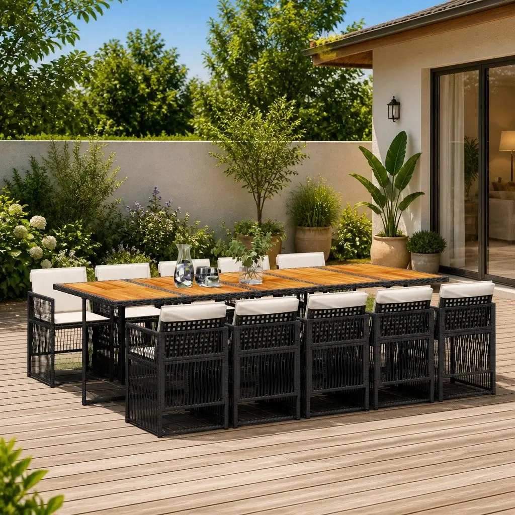 Garden Dining Set Black 11 Piece Poly Rattan Outdoor Furniture with Cushions