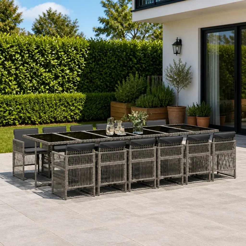 13 Piece Outdoor Dining Set Grey Cushions Tempered Glass Table Poly Rattan Chairs Garden Patio