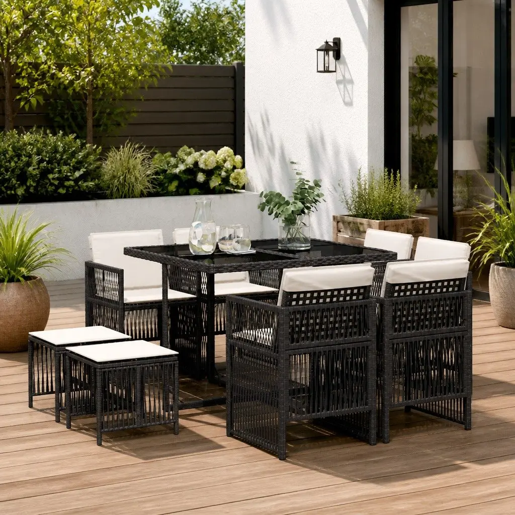 9 Piece Garden Dining Set Black Poly Rattan Outdoor Patio Furniture with